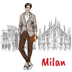 Wall Mural - Hand-drawn sketch of man in Milan at Piazza del Duomo in Italy.