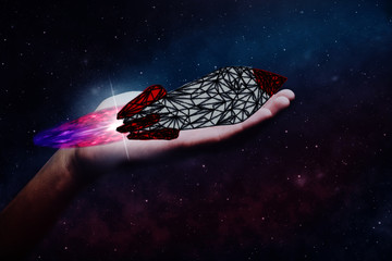 Leinwandbilder - Human hand holding Rocket. Nebula dust. Mixed media.