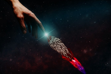 Leinwandbilder - Human hand holding Rocket. Nebula dust. Mixed media.