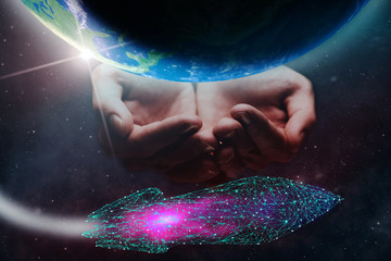 Leinwandbilder - Whole world in human hands plam and spaceship. Mixed media . 