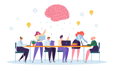 Wall Mural - Office Team Character Brainstorm Work Conference. Business People Group Meeting at Desk Laptop with Brain Symbol above. Corporate Project Creative Teamwork Flat Cartoon Vector Illustration