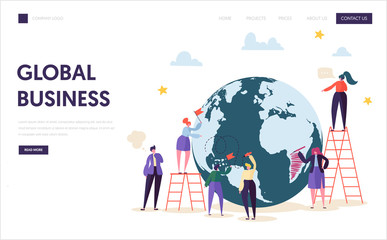 Wall Mural - Global Business Team Character Landing Page. Corporate Businessman Work at World Globe with Ladder. Worldwide Logistic Success Contract Concept for Website or Web Page Flat Cartoon Vector Illustration