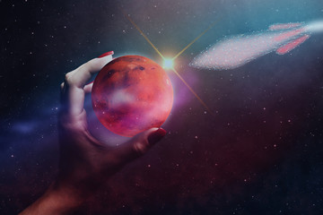 Leinwandbilder - Whole MARS in woman hands plam and spaceship. Mixed media . 