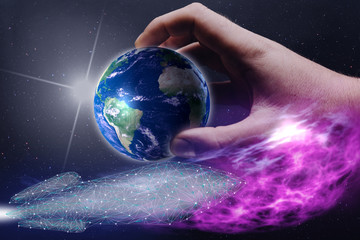 Poster - Whole world in woman hands plam and   spaceship low poly. Mixed media . 