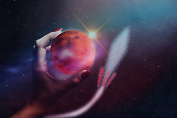 Leinwandbilder - Whole MARS in woman hands plam and spaceship. Mixed media . 