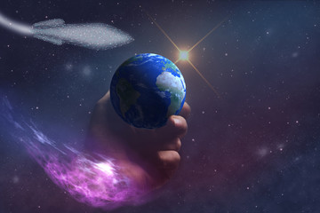 Leinwandbilder - Whole world in woman hands plam and  WHITE spaceship low poly. Mixed media . 