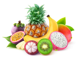 Fototapete - Isolated tropical fruits. Pineapple, banana, mango, kiwi, mangosteen, maracuya and dragon fruit in a pile isolated on white background with clipping path