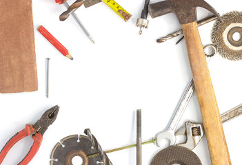  Set Craftsman tool isolated on white background , mechanical tools,top view,Copy space