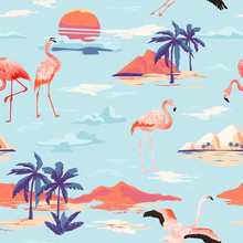 Tropical Island And Flamingo Seamless Vector Summer Pattern With Tropic Palm Trees. Vintage Background For Wallpapers, Web Page, Texture, Textile.