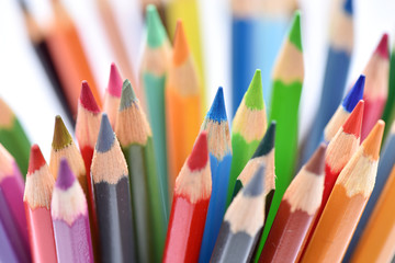 Wall Mural - Color pencils, macro. Bright background. Stationery for drawing.