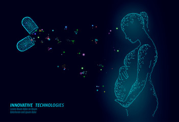Dietary supplement vitamin pregnancy capsule. Maternity health care drug medicine science chemistry innovation technology polygonal 3D render. Woman belly silhouette vector illustration
