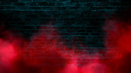 Wall Mural - Brick wall, neon light, smoke. Empty dark background with smoke, multicolored smoke.