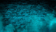 Brick Wall, Neon Light, Smoke. Empty Dark Background With Smoke, Multicolored Smoke.