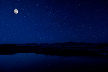 Wall Mural - landscape of gorgeous full moon over the snow-capped mountains reflected in the lake or mysterious n