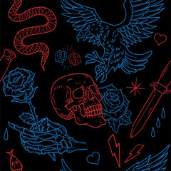 Old school tattoo neon line pattern 