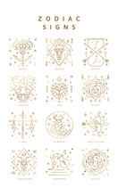 Set Of Zodiac Signs, Icons, And Symbols. Horoscrope Signs In Vector