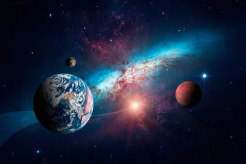 Planets of the solar system against the background of a spiral galaxy in space. Elements of this image furnished by NASA.