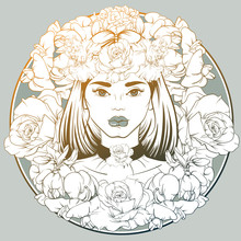 Vector Illustration In Hand Drawn Line Style. Portrait Of Young Beautiful Girl With Flowers And Choker. Template For Card Poster Banner And Print For T-shirt.