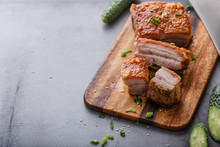 Chinese Roasted Pork Belly On Wooden Cutting Board Copy Space