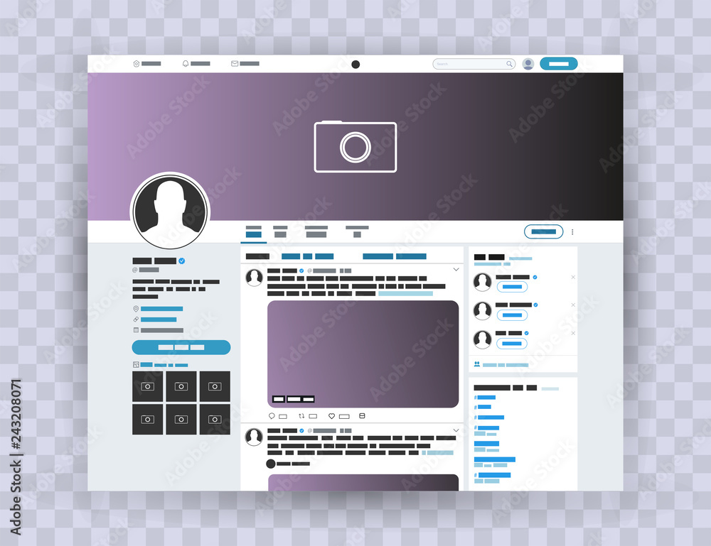Browser interface twitter, Mock up website. Photo frame Post in a social network. Mock up twitter. Template account Vector EPS10 - obrazy, fototapety, plakaty 