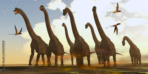 Dekoracja na wymiar  dinozaury-brachiosaurus-na-trek-gady-dimorphodon-przelatuja-obok-stada-dinozaurow-brachiosaurus