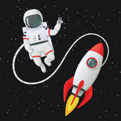 astronaut making peace sign tethered to the rocket ship with stars in the background.