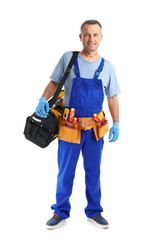 Sticker - Electrician with tools wearing uniform on white background