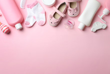 Flat Lay Composition With Baby Accessories On Color Background. Space For Text