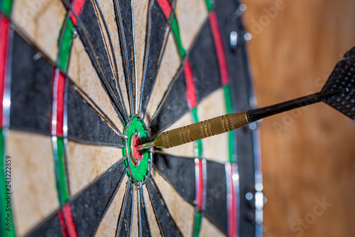 Fotografie, Obraz Wide shot of dart hitting the bulls eye copy space for text