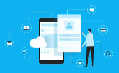 Wall Mural - business man using mobile connect to cloud concept and flat vector design for technology internet cy