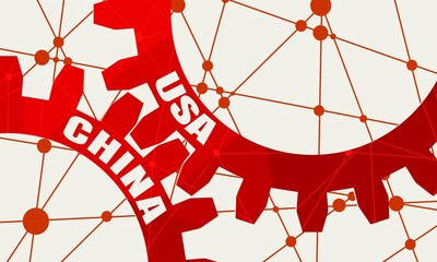 Wall Mural - Mechanism of Gears. Communication concept in industrial design. Modern brochure design template. Web banner, layout template. Politic and economic relationship between USA and China.