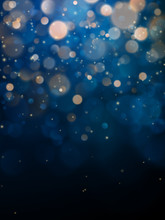 Blurred Bokeh Light On Dark Blue Background. Christmas And New Year Holidays Template. Abstract Glitter Defocused Blinking Stars And Sparks. EPS 10