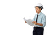 © PhotoJuthamat - Engineer wearing Safety hat architect, reading and look Check the construction workout plan paper on project blueprint isolated white background