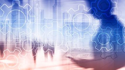 Wall Mural - double exposure gears mechanism on blurred background. business and industrial process automation co