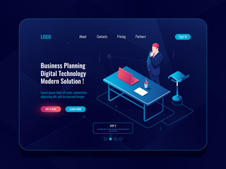 Business planning concept, businessman stay and think brainstorm process, workflow in office, laptop table man dark neon