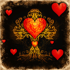 Poster - tree of life symbol on structured ornamental background with heart shape, flower of life pattern, yggdrasil.