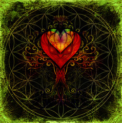 Aufkleber - tree of life symbol on structured ornamental background with heart shape, flower of life pattern, yggdrasil.