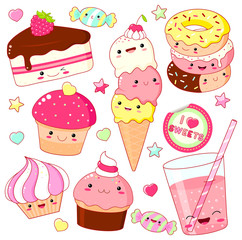 Wall Mural - Set of cute sweet icons in kawaii style