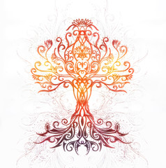 Poster - tree of life symbol on structured ornamental background, yggdrasil.