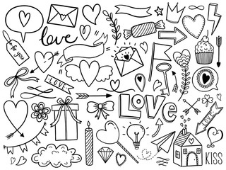 Valentines day doodle set, objects for concept and design, vector illustration flat. Heart, key, bow, crown, sweets, love letter on white background.