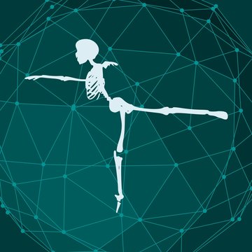 Human skeleton posing. Dancing pose. Halloween party design template. Molecule and communication background. Connected lines with dots.