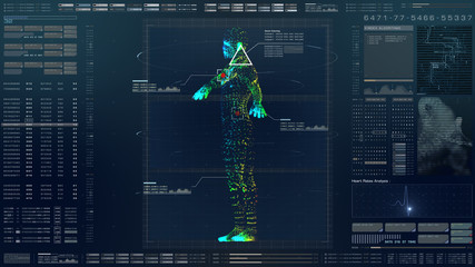 Aufkleber - Futuristic motion element user interface information technology virtual biomedical holographic human body scan diagnostic with data and telemetry head up display for background computer desktop screen