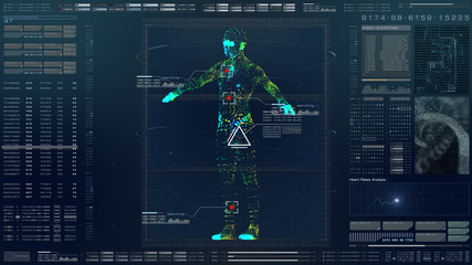 Aufkleber - Futuristic motion element user interface information technology virtual biomedical holographic human body scan diagnostic with data and telemetry head up display for background computer desktop screen