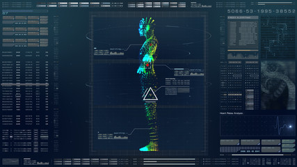 Aufkleber - Futuristic motion element user interface information technology virtual biomedical holographic human body scan diagnostic with data and telemetry head up display for background computer desktop screen