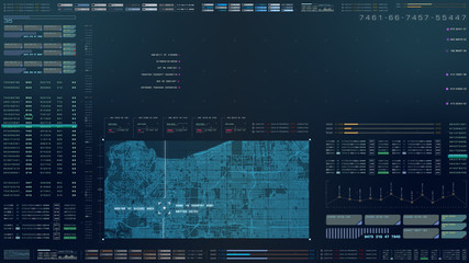 Poster - Futuristic motion graphic user interface head up display screen with digital data city map telemetry information display for digital background computer desktop display screen