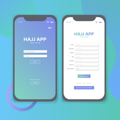 Wall Mural - hajj app login and sign up page mobile user interface template vector illustration