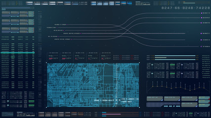 Futuristic motion graphic user interface head up display screen with digital data city map telemetry information display for digital background computer desktop display screen