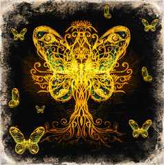 Poster - tree of life symbol and butterfly on structured ornamental background, yggdrasil.