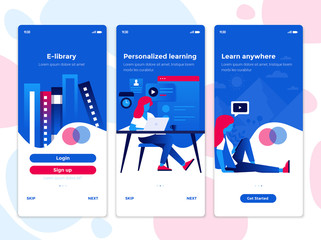 Modern user interface UX, UI screen template for mobile smart phone. Onboarding Screens User Interface Kit. Education, Online education app. Vector Illustration