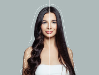 Woman brunette with curly and straight hair after using a hair straightener and hair ironing. Hair care concept